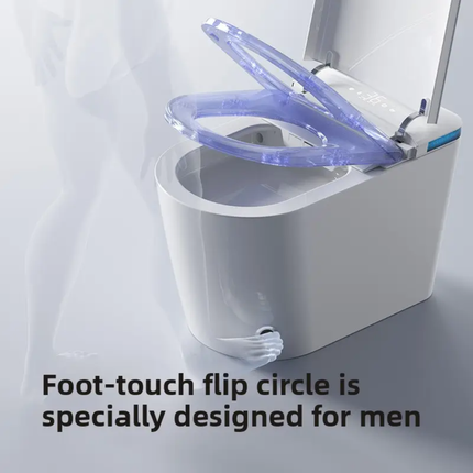 White toilet with a foot-touch flip circle feature on a white background