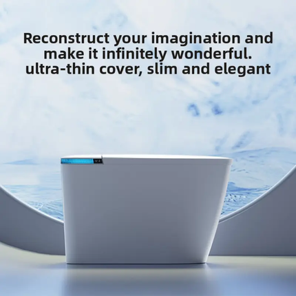 White electronic device with blue light on a blurred background with text about imagination and design.