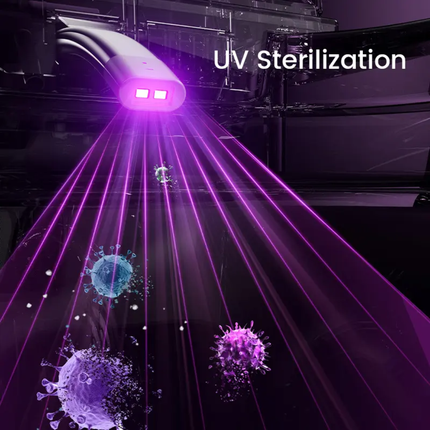 UV sterilization light emitting purple rays towards viruses with 'UV Sterilization' text above.