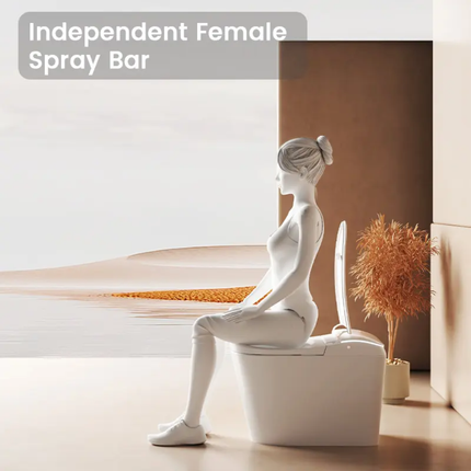 White ceramic spray bar shaped like a woman sitting on a toilet in a modern bathroom.
