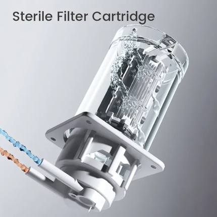 Sterile filter cartridge with clear cylindrical component on a gray background
