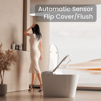 Woman standing next to a modern toilet with an automatic sensor flip cover/flush feature.