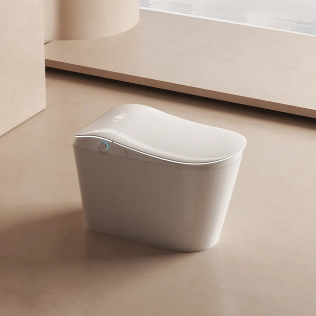 White trash bin on a beige floor with a neutral background