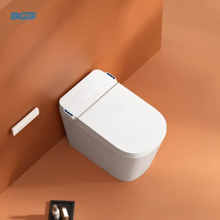 White wall-mounted trash can on an orange background with 'BGS' branding.