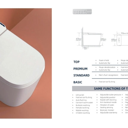 White electronic device on a brown background with technical specifications on the right.