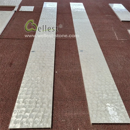 Two stone tiles on a red textured surface with 'Wellest' branding.