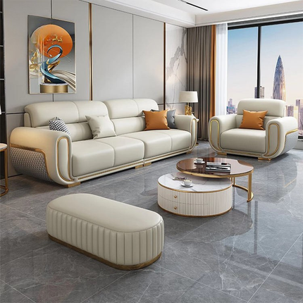 Modern Luxury 3 Seat Leather Sofa Hotel Villa Living Room Wood Frame Beige Leather Upholstered Sofa Furniture