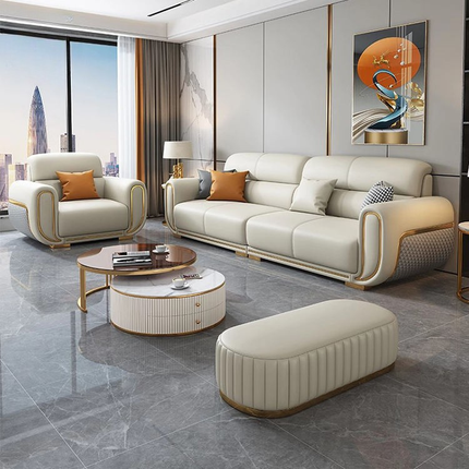 Modern Luxury 3 Seat Leather Sofa Hotel Villa Living Room Wood Frame Beige Leather Upholstered Sofa Furniture