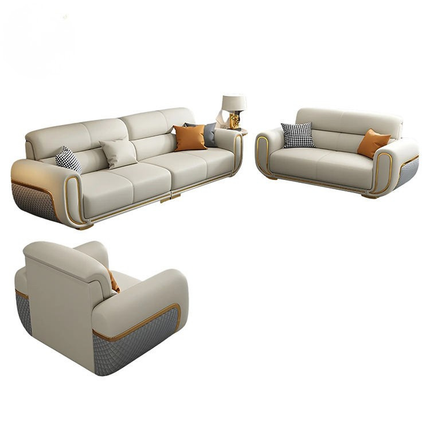 Modern Luxury 3 Seat Leather Sofa Hotel Villa Living Room Wood Frame Beige Leather Upholstered Sofa Furniture