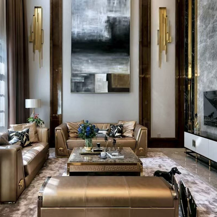 One Stop Interior High End Villa Hotel Furniture Golden Brown Leather 3 Seater Sofa Modular Living Room Furniture