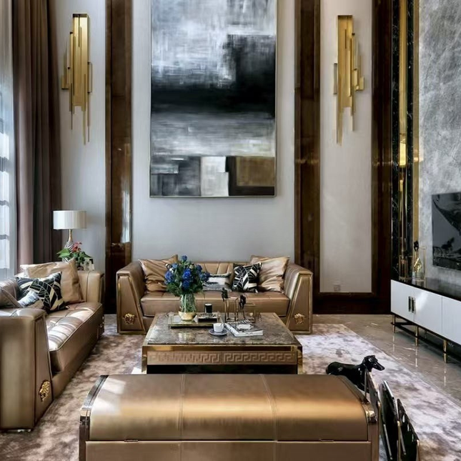 One Stop Interior High End Villa Hotel Furniture Golden Brown Leather 3 Seater Sofa Modular Living Room Furniture