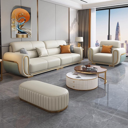 Modern Luxury 3 Seat Leather Sofa Hotel Villa Living Room Wood Frame Beige Leather Upholstered Sofa Furniture