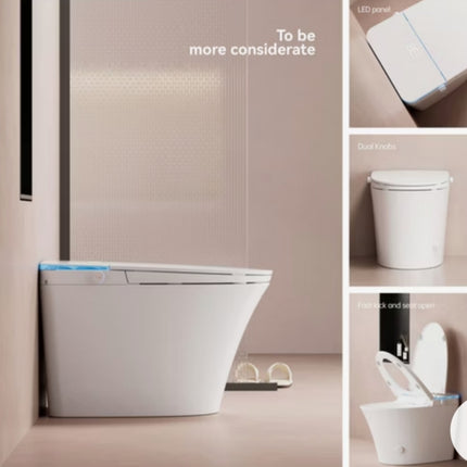 Smart toilet with various features highlighted on a beige background