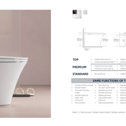 Bathroom sink with specifications on a beige wall