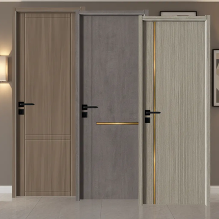Three wooden doors with different designs in a room setting.