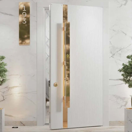 Modern glass door with gold handle and address number in a marble hallway
