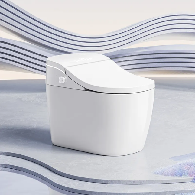 White smart toilet on a light gray background with wavy blue patterns