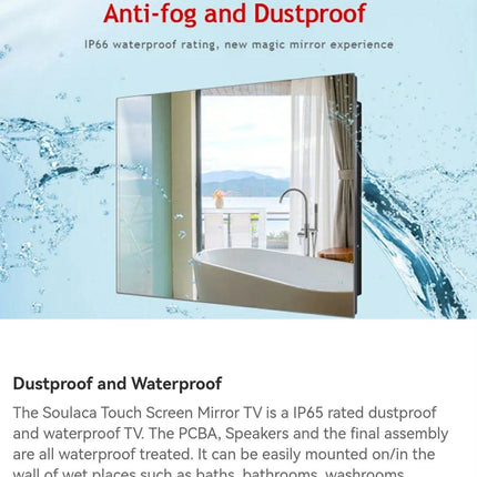 Advertisement for a waterproof, anti-fog, and dustproof mirror TV with a bathroom scene displayed.