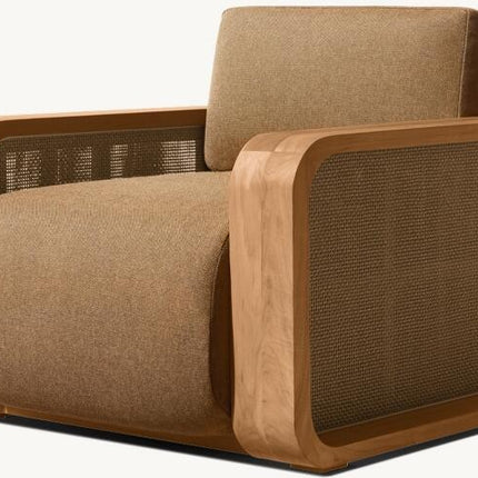Brown armchair with wooden frame on a white background