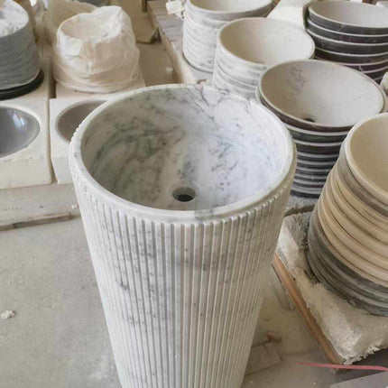 Hand-Carved Marble Masterpiece A Stylish Cylindrical Natural Marble Pedestal Basin for Your Bathroom Centerpiece