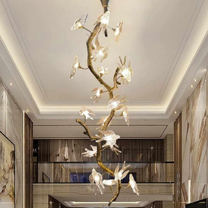 Branching Bird Chandelier Sculpted Metal Tree with Crystal Bird Accents Long Vertical Design for Stairwells