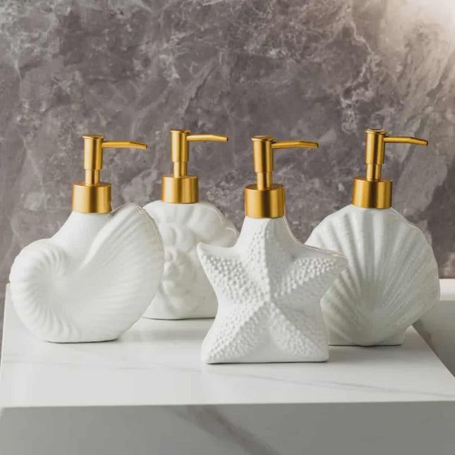 Ocean-Themed Porcelain Soap Dispenser – Starfish, Shell, and Conch Shape with Elegant Glaze and Durable Pump Head