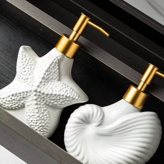 Ocean-Themed Porcelain Soap Dispenser – Starfish, Shell, and Conch Shape with Elegant Glaze and Durable Pump Head