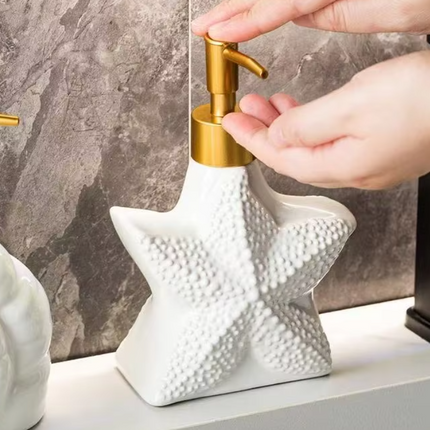 Ocean-Themed Porcelain Soap Dispenser – Starfish, Shell, and Conch Shape with Elegant Glaze and Durable Pump Head