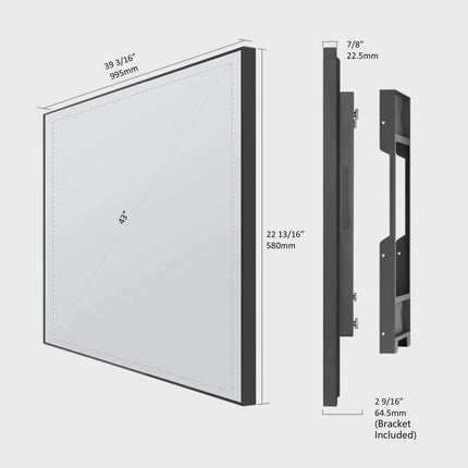 Dimensions of a rectangular panel with bracket on a white background