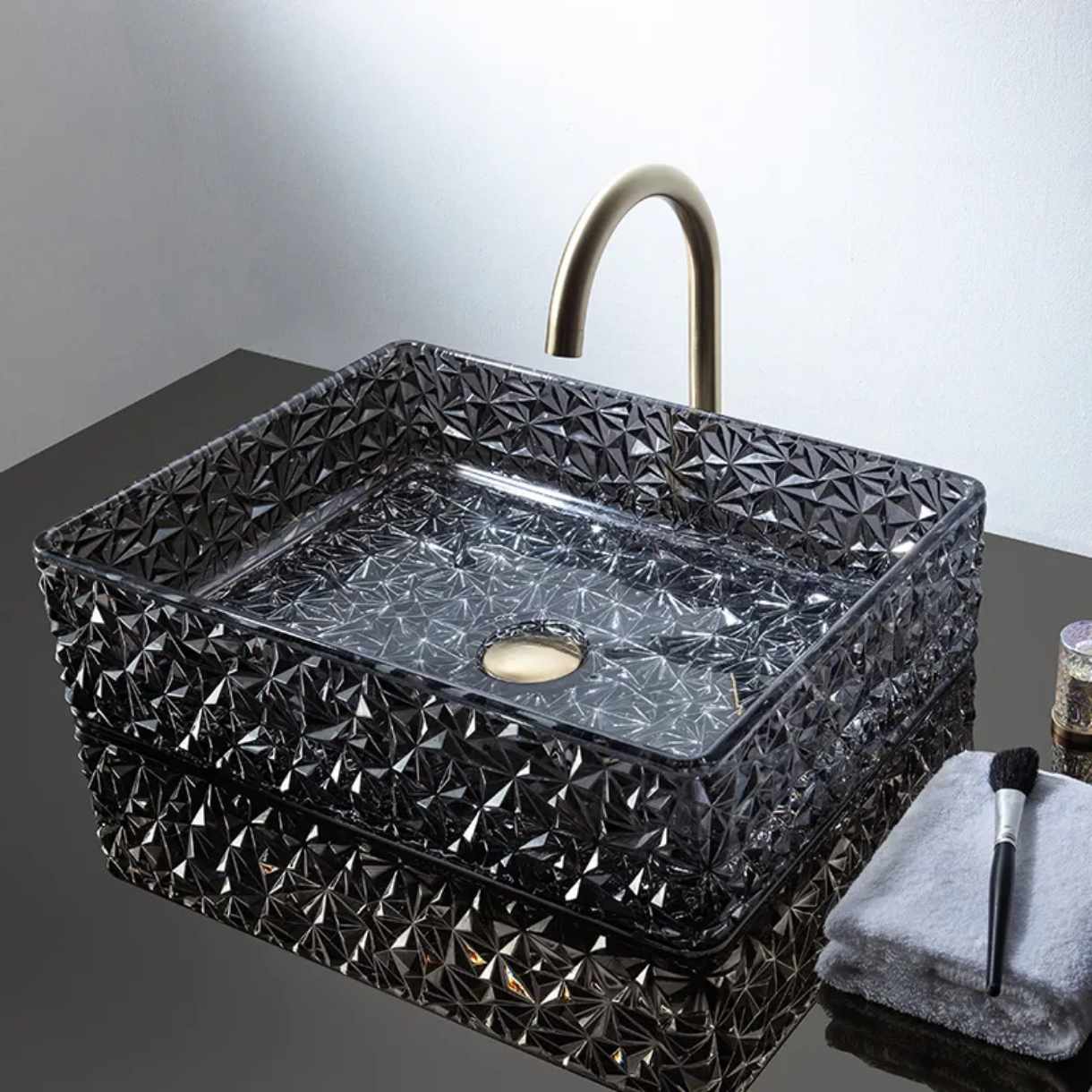 Modern Luxury Crystal Black Glass Bathroom Sink – Colorful Diamond Vessel Art Tempered Glass Wash Basin