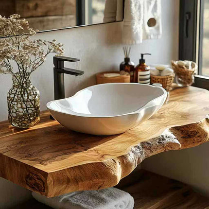 Modernes, weißes, längliches Porzellan-Waschbecken – Gebogenes Aufsatzwaschbecken für ein elegantes Waschtischdesign