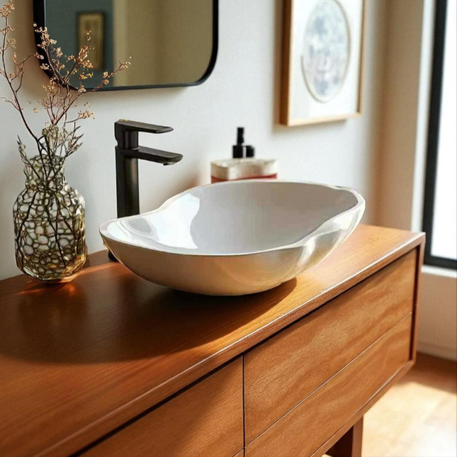Modern White Oblong Porcelain Bathroom Basin – Curved Countertop Sink for Elegant Vanity Design