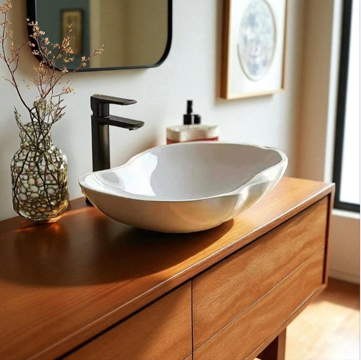 Modern White Oblong Porcelain Bathroom Basin – Curved Countertop Sink for Elegant Vanity Design