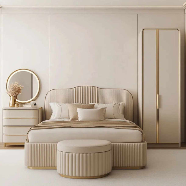 Modern Luxury King Size Oak Wood Bed Set with Upholstered Headboard and Bedroom Furniture