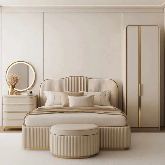 Modern Luxury King Size Oak Wood Bed Set with Upholstered Headboard and Bedroom Furniture