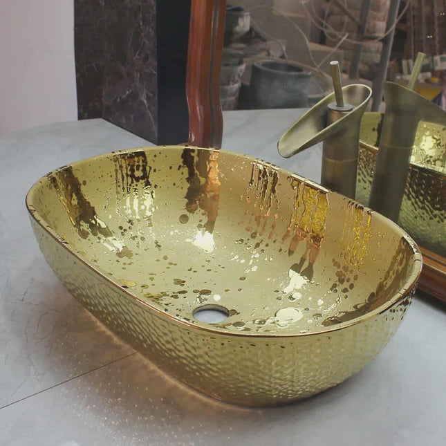 Goldenes rechteckiges Keramik-Aufsatzwaschbecken – Luxuriöses Handwaschbecken im europäischen Stil für Zuhause, Hotel und Waschraum 