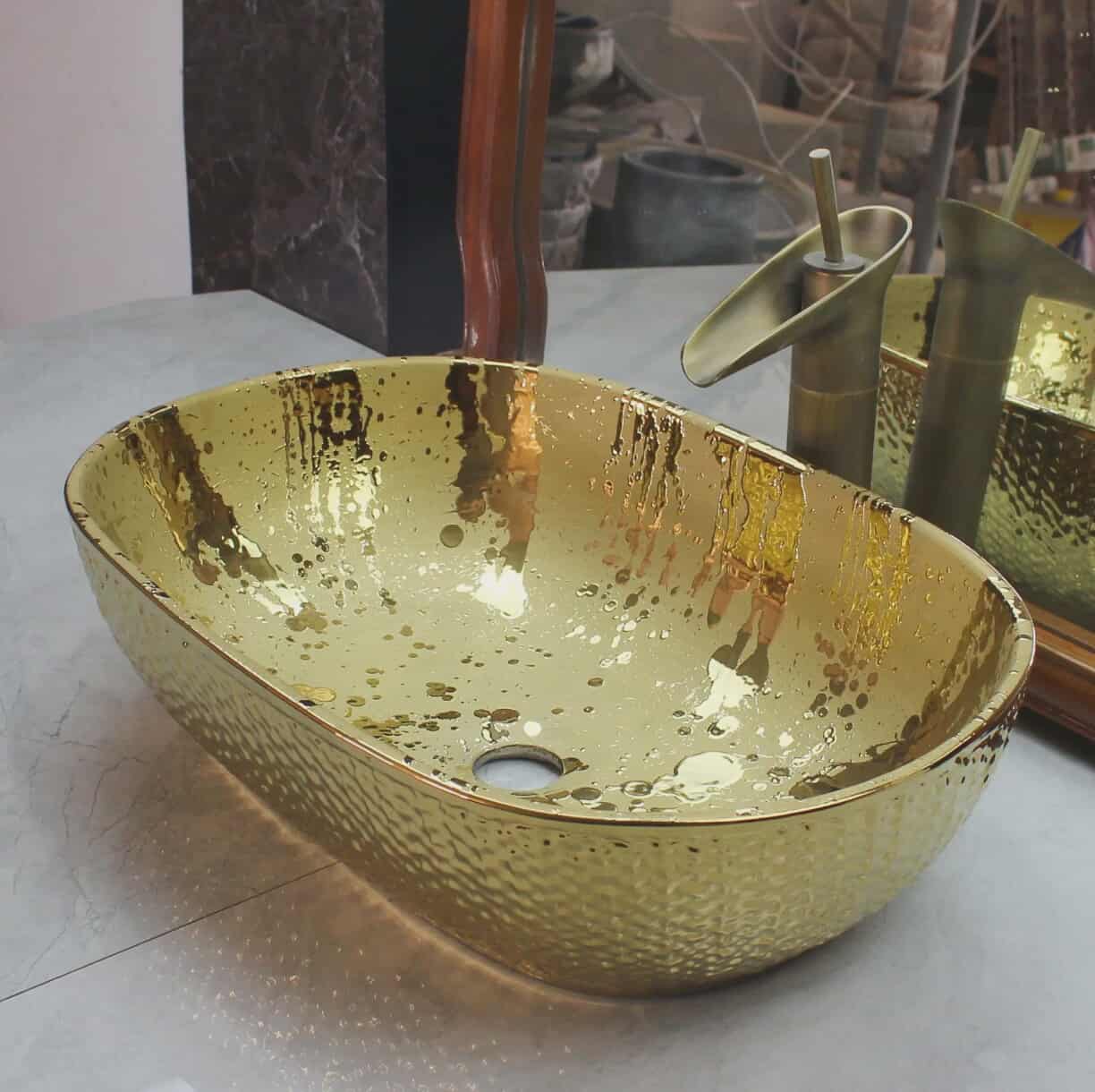 Golden Ceramic Rectangular Countertop Sink – Luxury European Style Hand Wash Basin for Home, Hotel, and Washroom