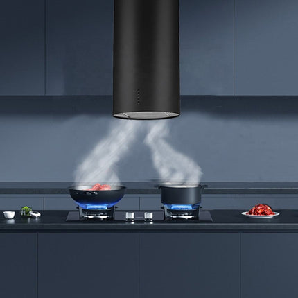 Black cylindrical kitchen exhaust hood in a modern kitchen setting.

ceiling island range hood
round ceiling hood
smart kitchen hood
black ceiling range hood
island cooker hood
modern kitchen hood
big suction range hood
luxury kitchen exhaust hood