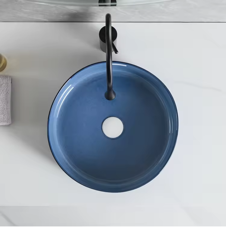 Bathroom Porcelain Above Counter Blue Color Glazed Hand Washing Basin
