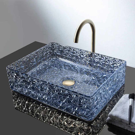 Modern Luxury Crystal Blue Glass Bathroom Sink – Colorful Diamond Vessel Art Tempered Glass Wash Basin