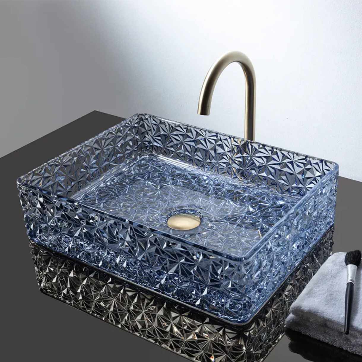 Modern Luxury Crystal Blue Glass Bathroom Sink – Colorful Diamond Vessel Art Tempered Glass Wash Basin