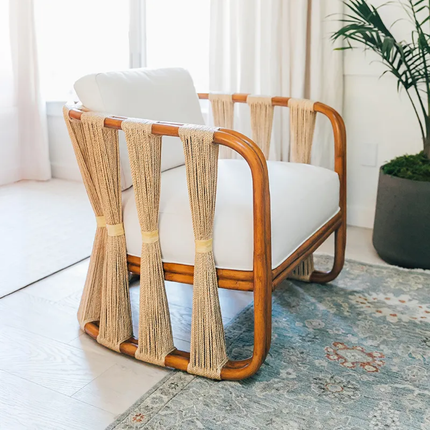Wicker chair with a woven backrest in a living room setting