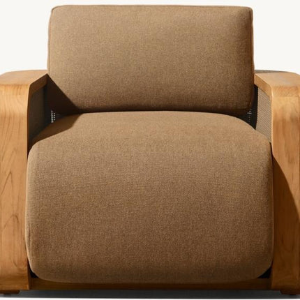 Brown armchair with wooden frame on a white background