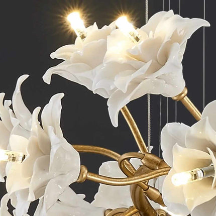 Floral Halo Radiance A Sculptural Chandelier with Ceramic Blossoms and Golden Leaves  Soft Light Dances Through Delicate Petals Casting a Dreamy Glow