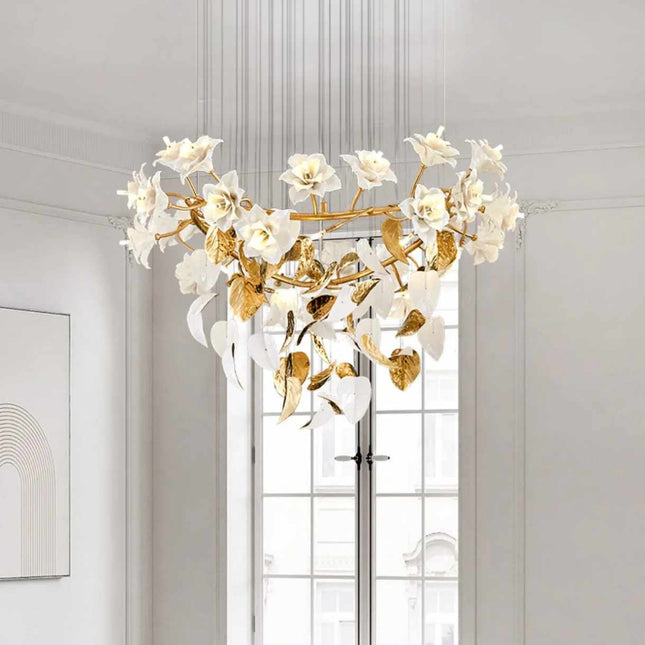 Floral Halo Radiance A Sculptural Chandelier with Ceramic Blossoms and Golden Leaves  Soft Light Dances Through Delicate Petals Casting a Dreamy Glow