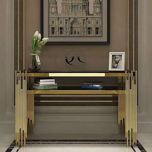 Geometric Console Table in Polished Gold Stainless Steel Tiered Glass Shelves and a Gleaming Gold Finish Instantly Draws the Eye and Adds a Touch of Sophistication to Any Room