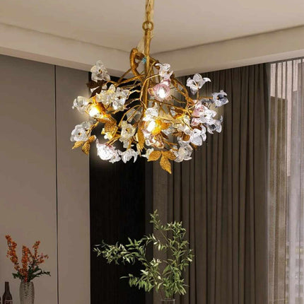 Golden Bloom Cluster A Delicate Chandelier with Crystal Flowers and Twisting Branches Illuminating Elegance and Natural Charm Soft Light Filters Through Petal-Like Glass