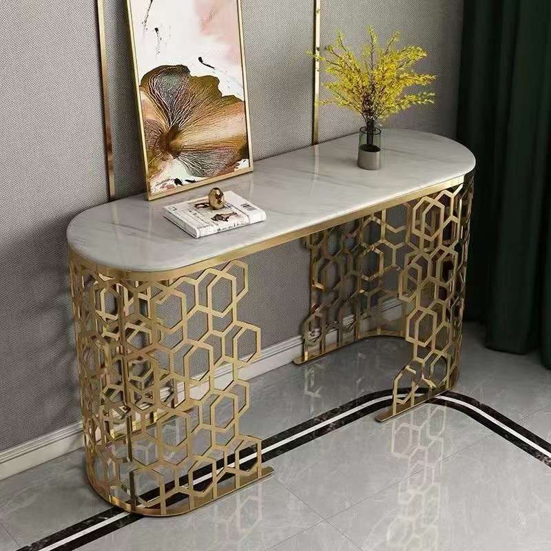 Console Table Crafted with High-Quality Materials Featuring a Lustrous Marble Top and an Intricate Honeycomb Gold Stainless Steel