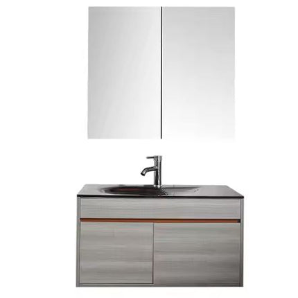 Modern Wall-Mounted Bathroom Vanity Set with Dual Mirror Cabinet, Black Basin Sink, and Sleek Gray Wood Finish with Contemporary Floating Cabinet with Storage Drawers and Chrome Faucet