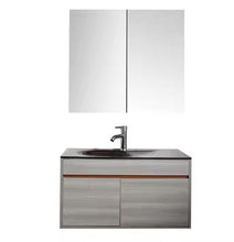 Lade das Bild in den Galerie-Viewer, Modern Wall-Mounted Bathroom Vanity Set with Dual Mirror Cabinet, Black Basin Sink, and Sleek Gray Wood Finish with Contemporary Floating Cabinet with Storage Drawers and Chrome Faucet
